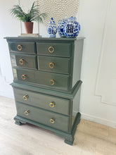Load image into Gallery viewer, Green Lacquer Solid Maple Vintage Ethan Allen Tallboy Dresser
